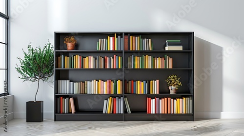 A sleek black bookshelf against a white wall, filled with colorful books and decorative accents, adding a pop of color to a minimalist living room