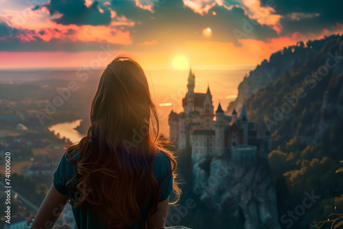 view from the back of a girl against the backdrop of a fairytale castle
