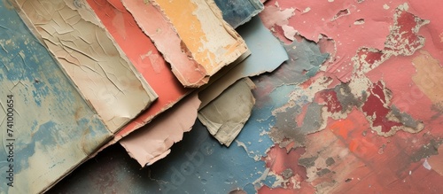 Aged paint and crumpled paper heap on weathered wall, artistic decor concept
