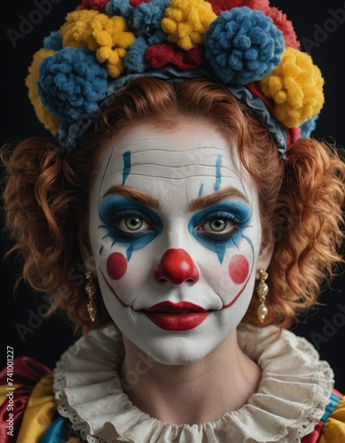 Mirthful Marvel: Funny Female Clown Captivates Carnival Circus Crowds with Endearing Laughter