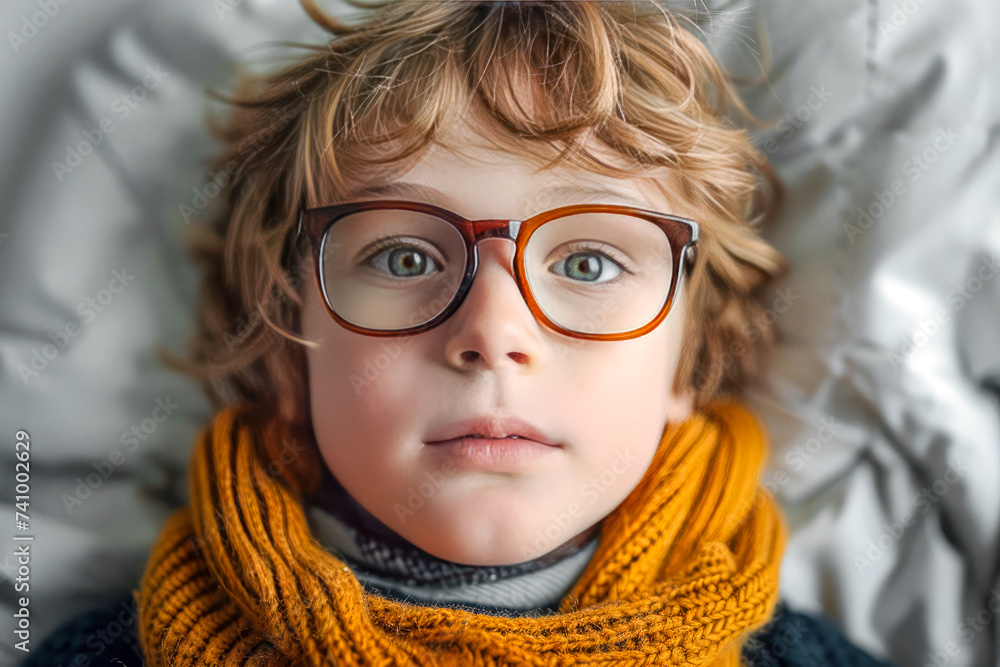 Small boy has sore throat, lies in bed with a scarf on his throat. Small boy has sore throat, lies in bed with a scarf on his throat.