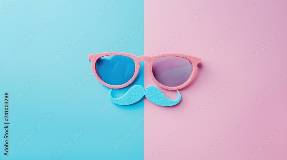 April Fool's Day Concept with Pink Glasses and Blue Mustache - obrazy, fototapety, plakaty 