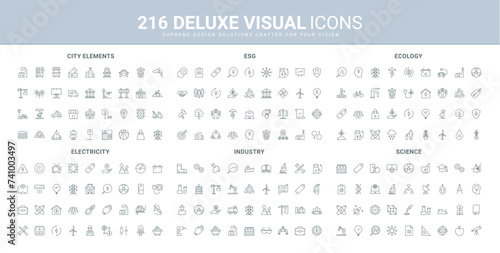 ESG, industry and ecology, science, electricity production and consumption line icons set. Environmental Social Governance, city infrastructure and buildings thin black symbols vector illustration