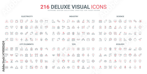 ESG, science, governance and law support for environmental protection, electricity consumption line icons set. Green energy, recycle technology, sorting thin black and red symbols vector illustration