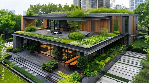 Contemporary urban garden office with green roofs and outdoor meeting spaces, large, scale workplace design © Warda