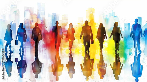 Silhouettes of diverse people walking in front of a colorful, abstract urban skyline backdrop.