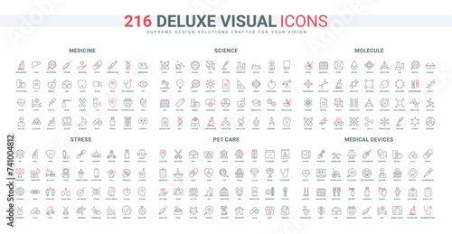 Hospital equipment, healthcare medical services and treatment, education and science line icons set. Molecule structure, science research and development thin black and red symbols vector illustration
