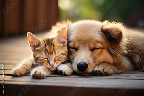 Close up kittens cat and adorable dog together lying