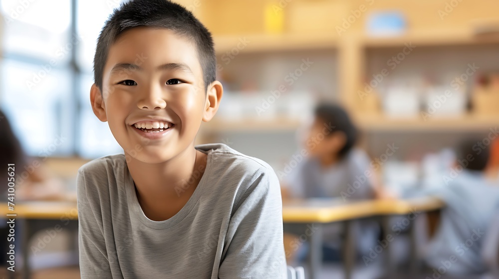 Young Boy Sitting at Classroom Table. Generative AI. Young Boy Sitting at Classroom Table. Generative AI.