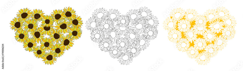 Yellow colors, line art sunflower hearts set background, hand drawn floral elements for Valentines day. Vector illustrations for card or invitations, surface design