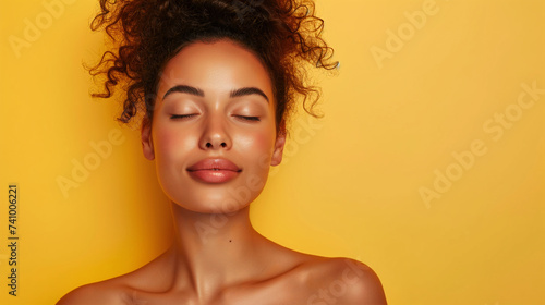 An image of a woman with her eyes closed, head tilted back, and hair freely flowing, set against a yellow backdrop, creates a narrative of freedom and sensory delight