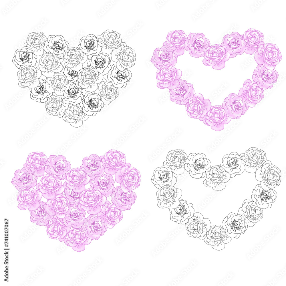 Girly pink camellia flower hearts frame set, hand drawn floral elements for Valentines day. Vector illustrations for card or invitations