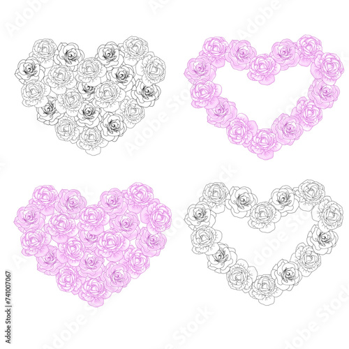 Girly pink camellia flower hearts frame set  hand drawn floral elements for Valentines day. Vector illustrations for card or invitations