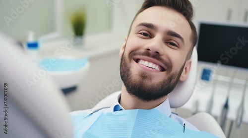 Smiling Man in Dental Chair. Generative AI.
