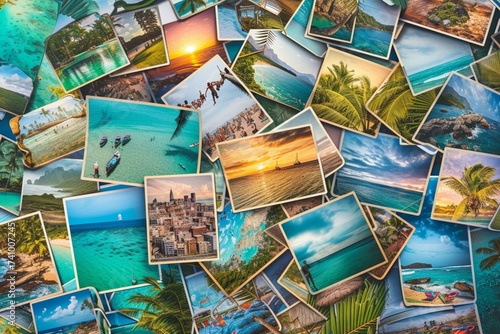 Top view of A collage of many photos. Lots of vacation travel photos.