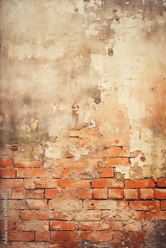 Vertical background of old brick wall with peeling plaster for graphic design and textured backdrop