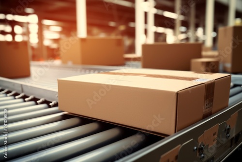 Cardboard boxes parcels on a conveyor belt, transport goods delivery and logistics, logistics warehouse