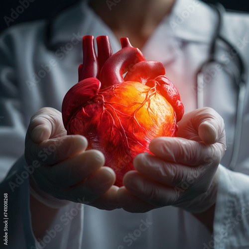 A detailed human heart in the hands of a medical professional, showcasing the intricate beauty and complexity of the organ, against a dark backdrop.