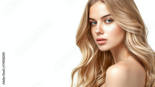A portrait of a young woman with exquisite blonde wavy hair, her gaze suggesting confidence and the soft lighting emphasizing beauty and hair care.
