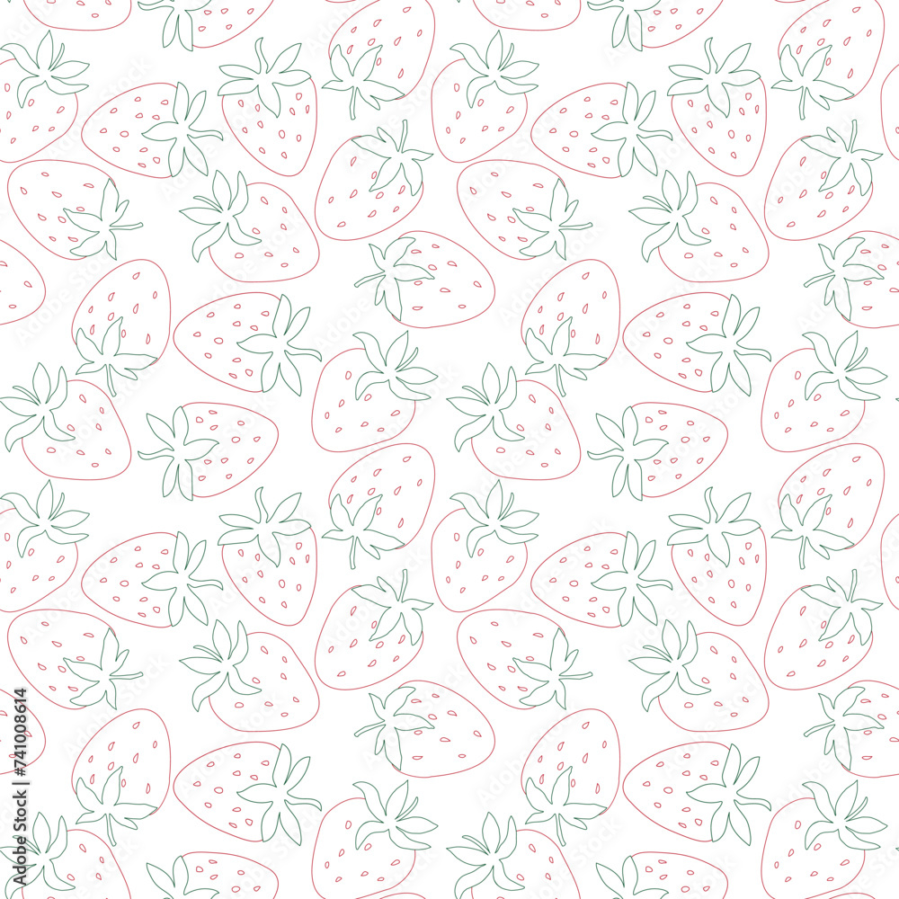 Line art strawberry summer fruit seamless pattern for textile, scrapbook, wallpaper, decorative paper. Vector background illustration with sweet food