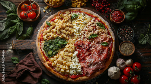 A birds eye view of a pizza with toppings arranged to create a detailed map of the world