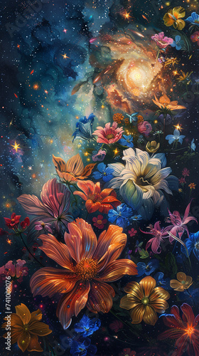 A cosmic garden where nebulae are painted as blooming flowers and stars as fireflies