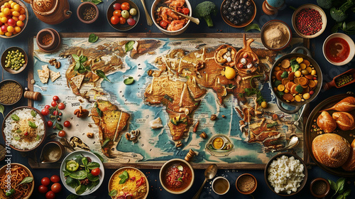 A culinary map of a continent with dishes and ingredients representing each countrys cuisine photo