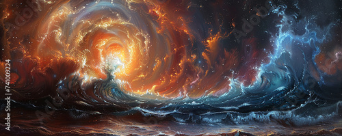 A galaxy painted as a tumultuous sea with waves of stars crashing against nebulae shores photo