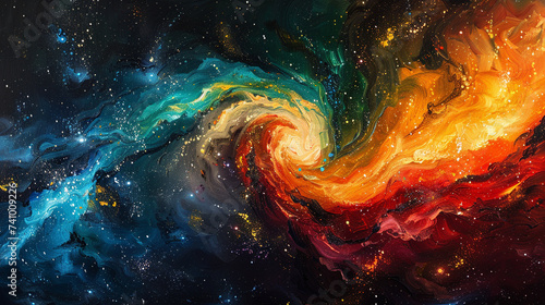A galaxy merging event painted as an elegant dance of stars with vibrant colors intertwining