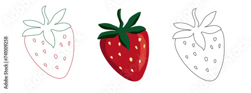 Strawberry summer hand drawn fruit set, colorful, line art. Vector illustration icon for logo, card, coloring book, invitations, sweet food clip art, isolate on white background