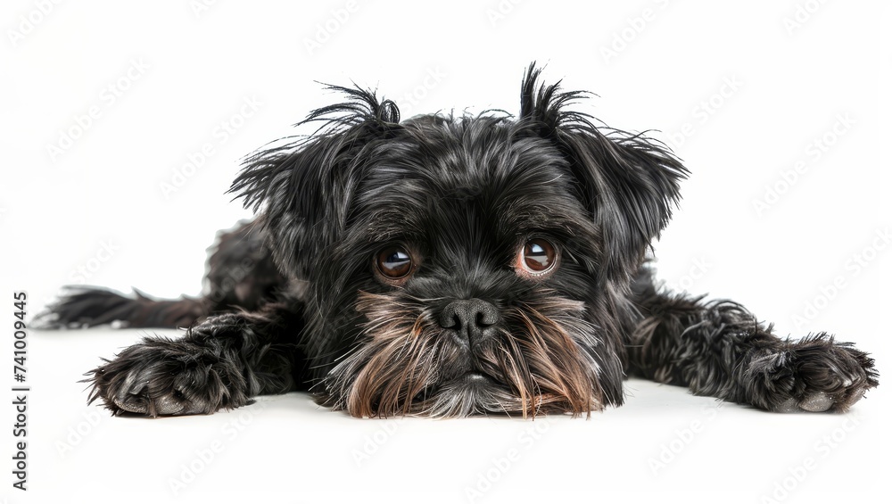 This black Affenpinscher's relaxed posture against a stark white backdrop highlights its luxurious coat and soulful eyes. Its thoughtful expression suggests a serene composure unique to the breed.