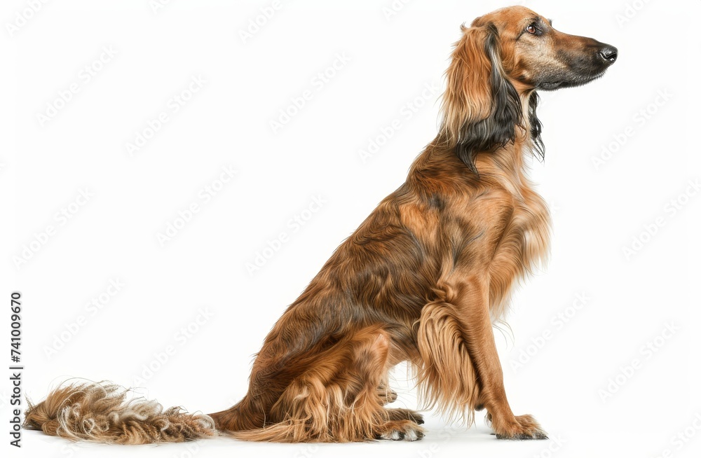 A golden Afghan Hound is captured in profile, its coat shimmering with health. The dog's noble profile and attentive stance speak to its storied heritage.