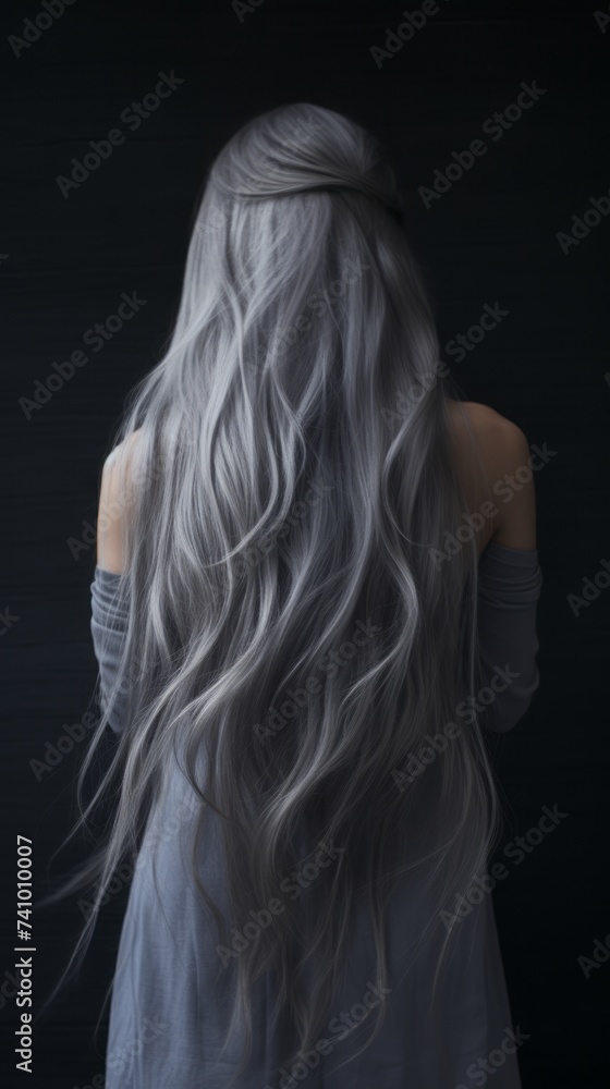 Rear view of a girl with flowing long gray hair, care and hair care concept