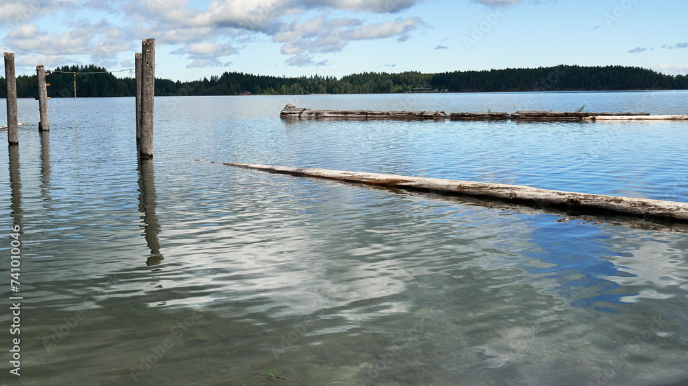 Lake view of old wharf piles, a couple of logs and clouds reflected in the tranquil blue water.