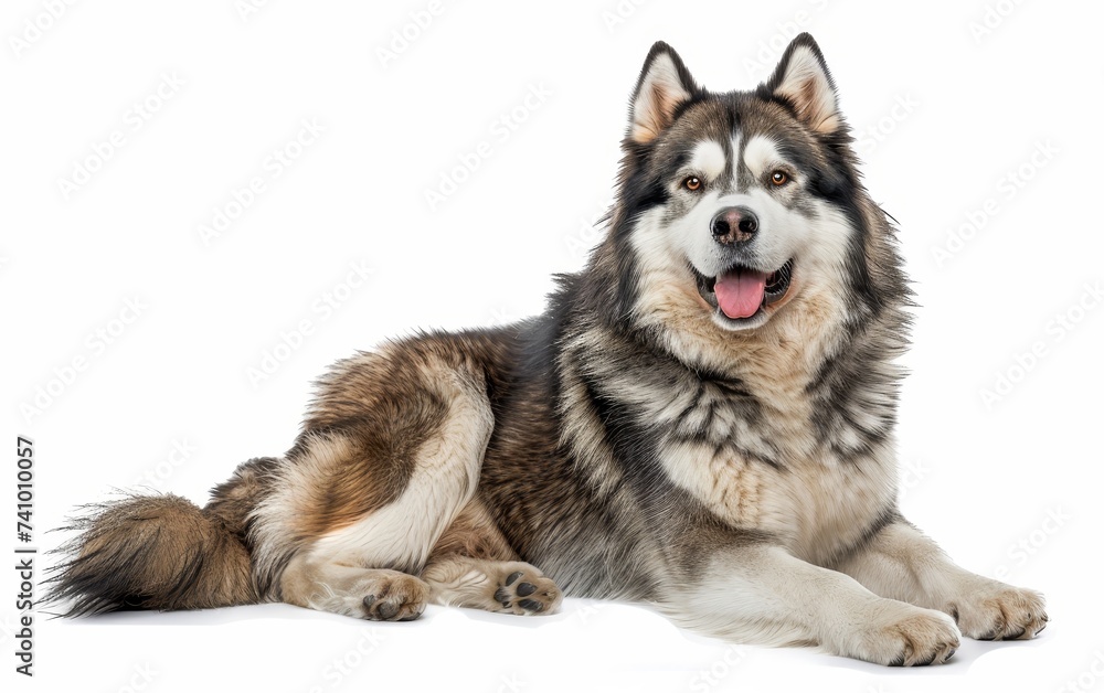 An exuberant Alaskan Malamute sits attentively, its tongue out in a happy pant and eyes sparkling with joy. The robust build and lush coat highlight the breed's adaptability to cold climates.