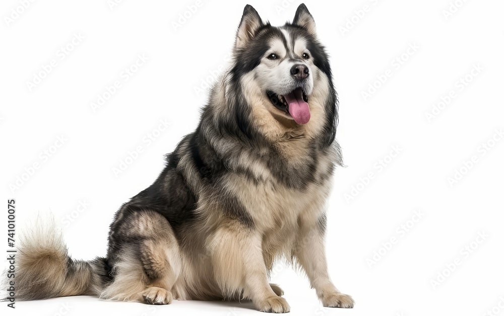 An exuberant Alaskan Malamute sits attentively, its tongue out in a happy pant and eyes sparkling with joy. The robust build and lush coat highlight the breed's adaptability to cold climates.