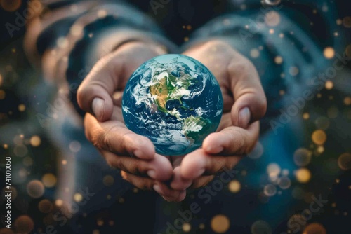 Sustainable Earth in Human Hands - A symbolic representation of planet Earth cradled in human hands, embodying the concept of environmental protection and responsibility. photo
