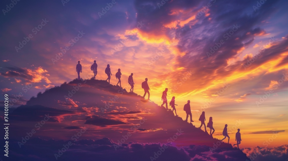 People Walking Towards the Sunset - A group of silhouetted people walking along a mountain ridge against a vivid sunset, representing hope and collective journey.