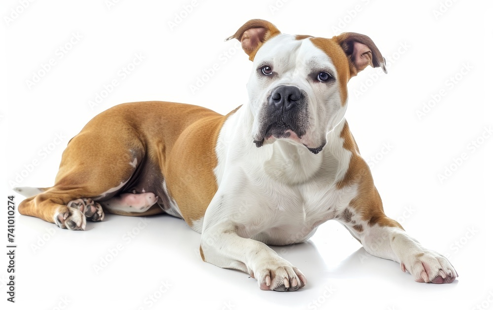 A muscular American Bulldog lies down, its gaze fixed forward with an expression of calm attentiveness. The dog's white and tan coat stands out vividly against the white background.