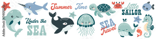 Vector illustration collection in children's Scandinavian style. Orca dolphin dolphin crab jellyfish octopus fish turtle shark seahorse shrimp swordfish. Vector illustration © Alena