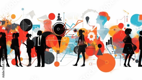 Abstract Business Concept Art - Silhouettes of business professionals overlaid with vibrant abstract elements, representing the dynamism of the corporate world.