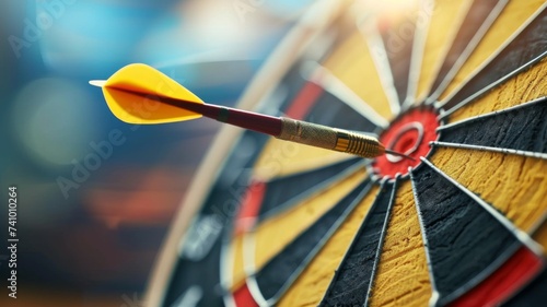 Target Achievement and Focus - A close-up of a dart hitting the bullseye, representing precision, goals, and success in business and personal endeavors.