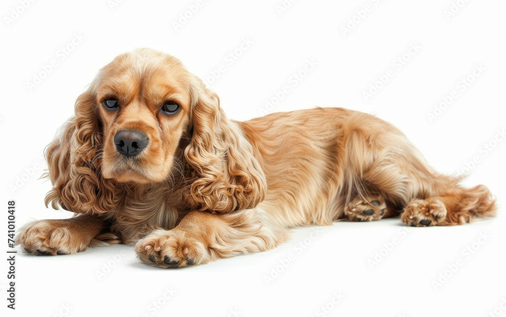 A golden American Cocker Spaniel lies down gracefully, its soft, wavy fur and gentle eyes exuding calmness. The dog's relaxed posture invites a sense of serenity. A golden American Cocker Spaniel lies down gracefully, its soft, wavy fur and gentle eyes exuding calmness. The dog's relaxed posture invites a sense of serenity.