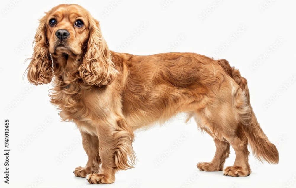 An alert American Cocker Spaniel stands with a gaze full of curiosity, its golden coat shimmering against the white background. This breed is known for its joyful and inquisitive nature.