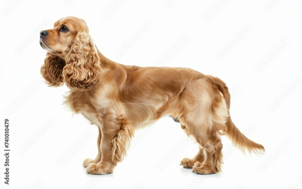 A poised American Cocker Spaniel stands in profile, showcasing its lush golden coat and refined silhouette. The breed's friendly disposition and beauty are on full display.