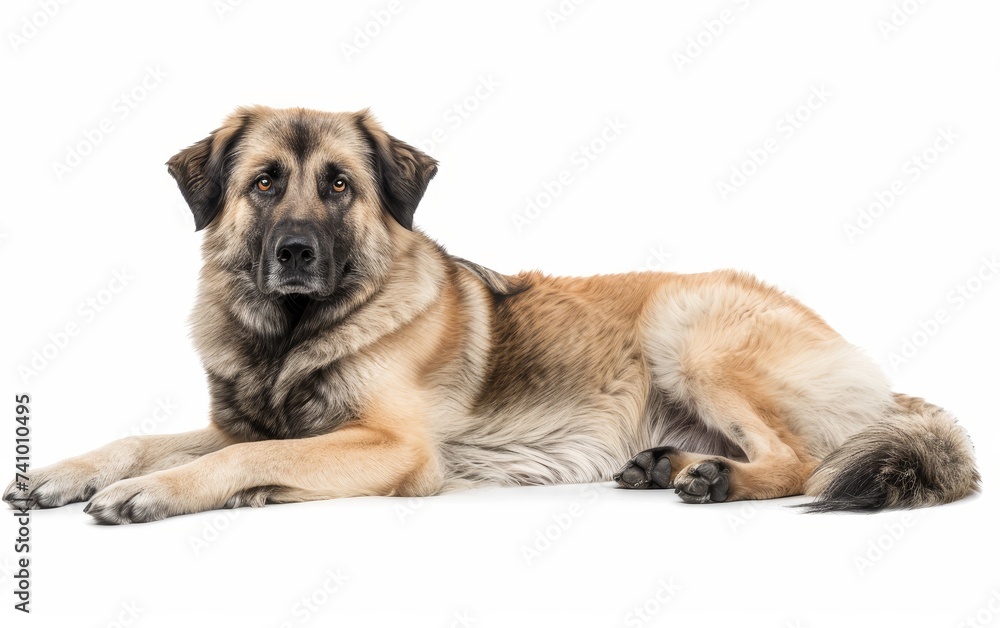 An Anatolian Shepherd Dog lies down, its intelligent gaze and powerful build conveying a serene strength. The dog's tan and black coat is both striking and lush.