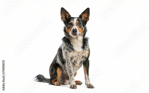 A cheerful Australian Cattle Dog sits attentively against a white background. Its alert eyes and perked ears showcase the breed's intelligence and energy. © Artsaba Family