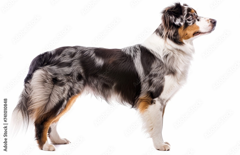 The profile of a regal Australian Shepherd is captured here, showing off its flowing coat and noble posture. This breed's attentiveness and strong herding lineage are evident. The profile of a regal Australian Shepherd is captured here, showing off its flowing coat and noble posture. This breed's attentiveness and strong herding lineage are evident.