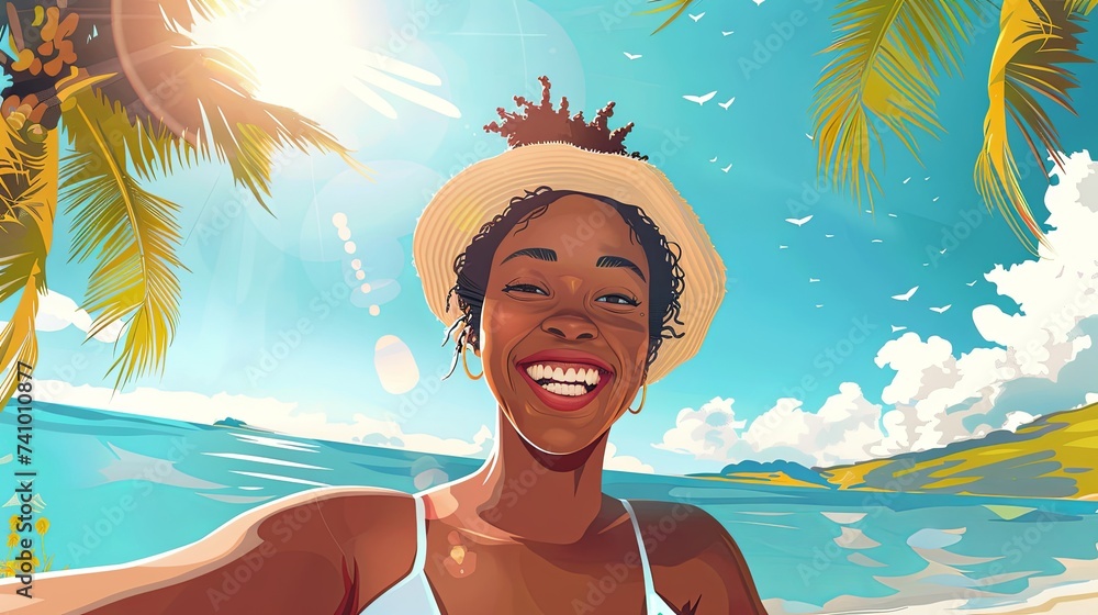 Illustration of a happy African American girl taking a selfie against the sea background