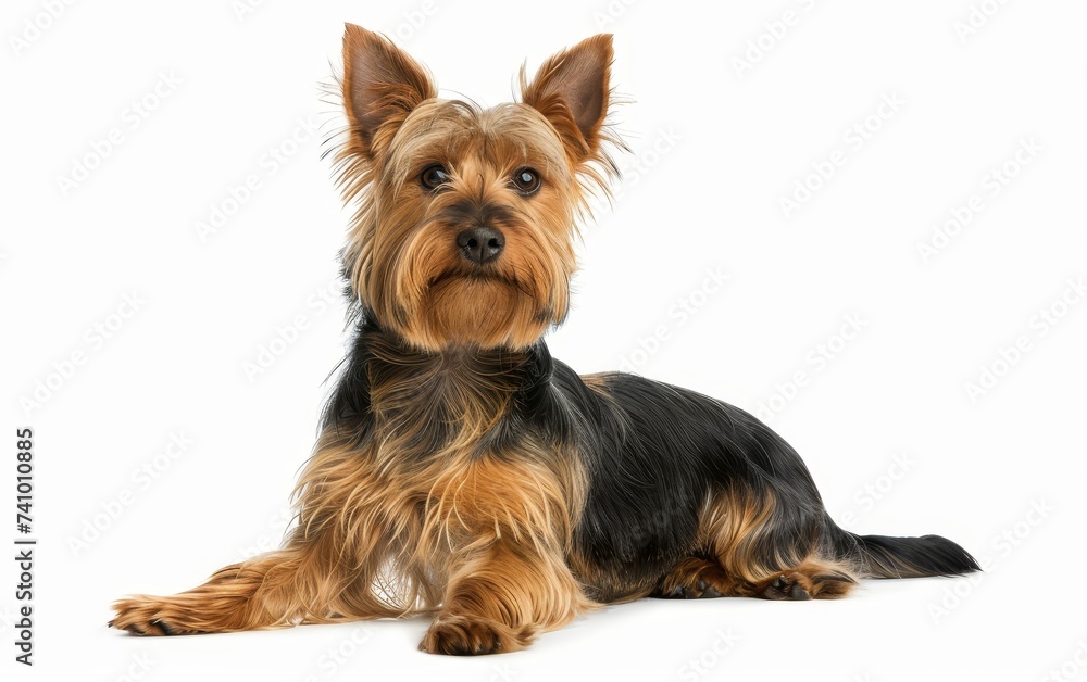 This Australian Silky Terrier relaxes on its side, showcasing its fine, glossy fur and alert yet calm demeanor. The dog's well-defined features stand out on the pristine background.